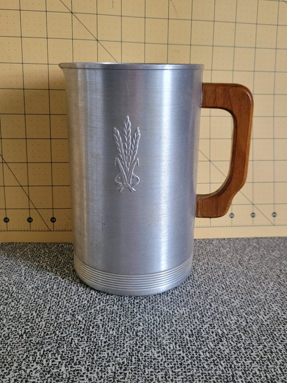 Vintage Silver Aluminum Pitcher with Wheat Design and Wooden Handle   MCM